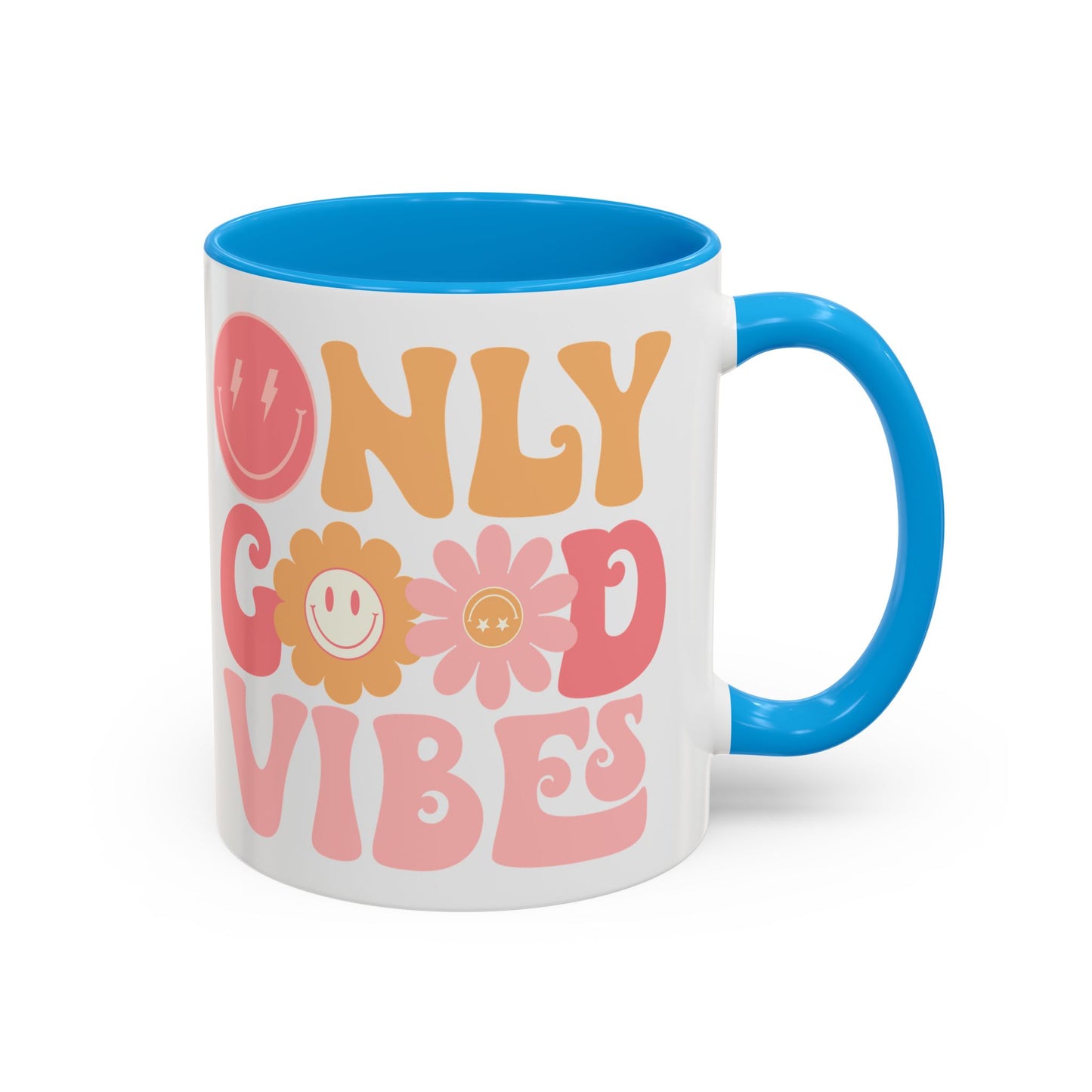 Only Good Vibes Accent Mug – Retro Bubble Letters & Flowers | 11oz 15oz Colored Handle