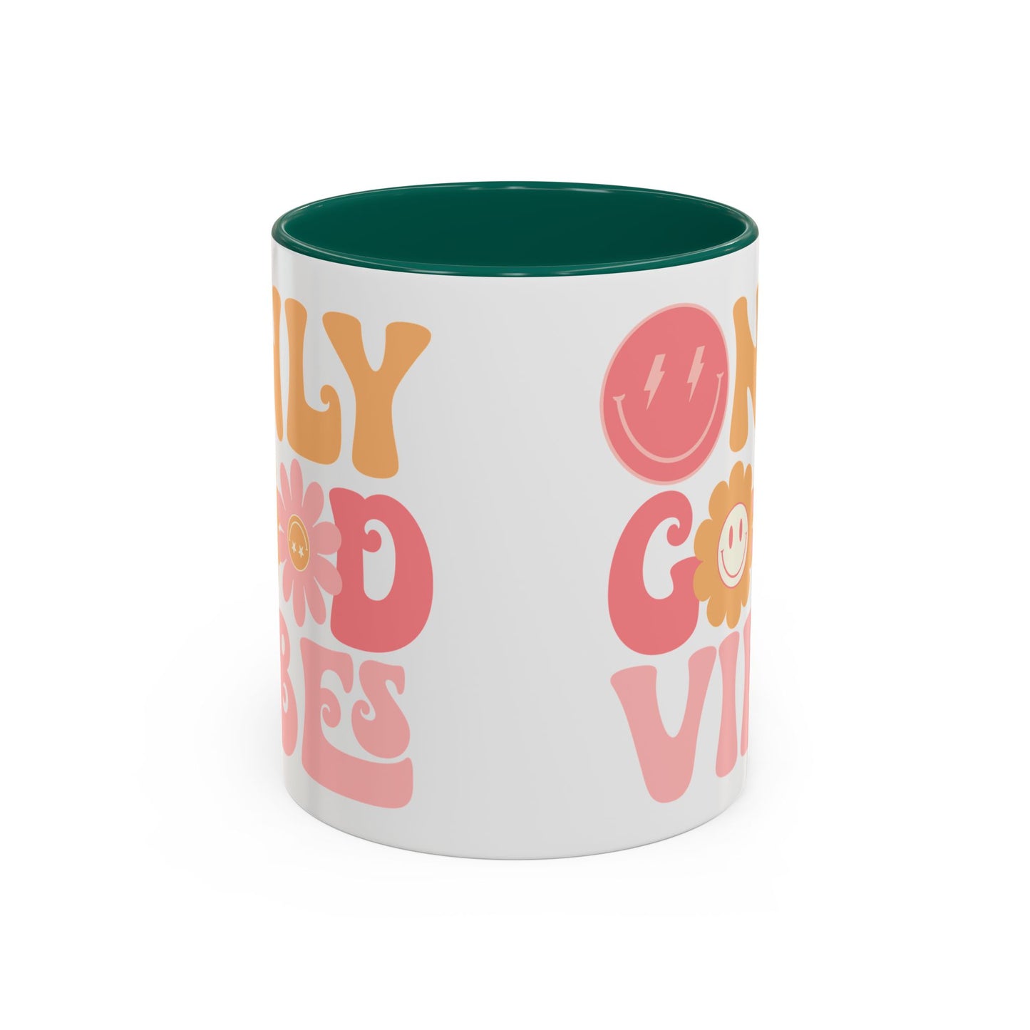 Only Good Vibes Accent Mug – Retro Bubble Letters & Flowers | 11oz 15oz Colored Handle