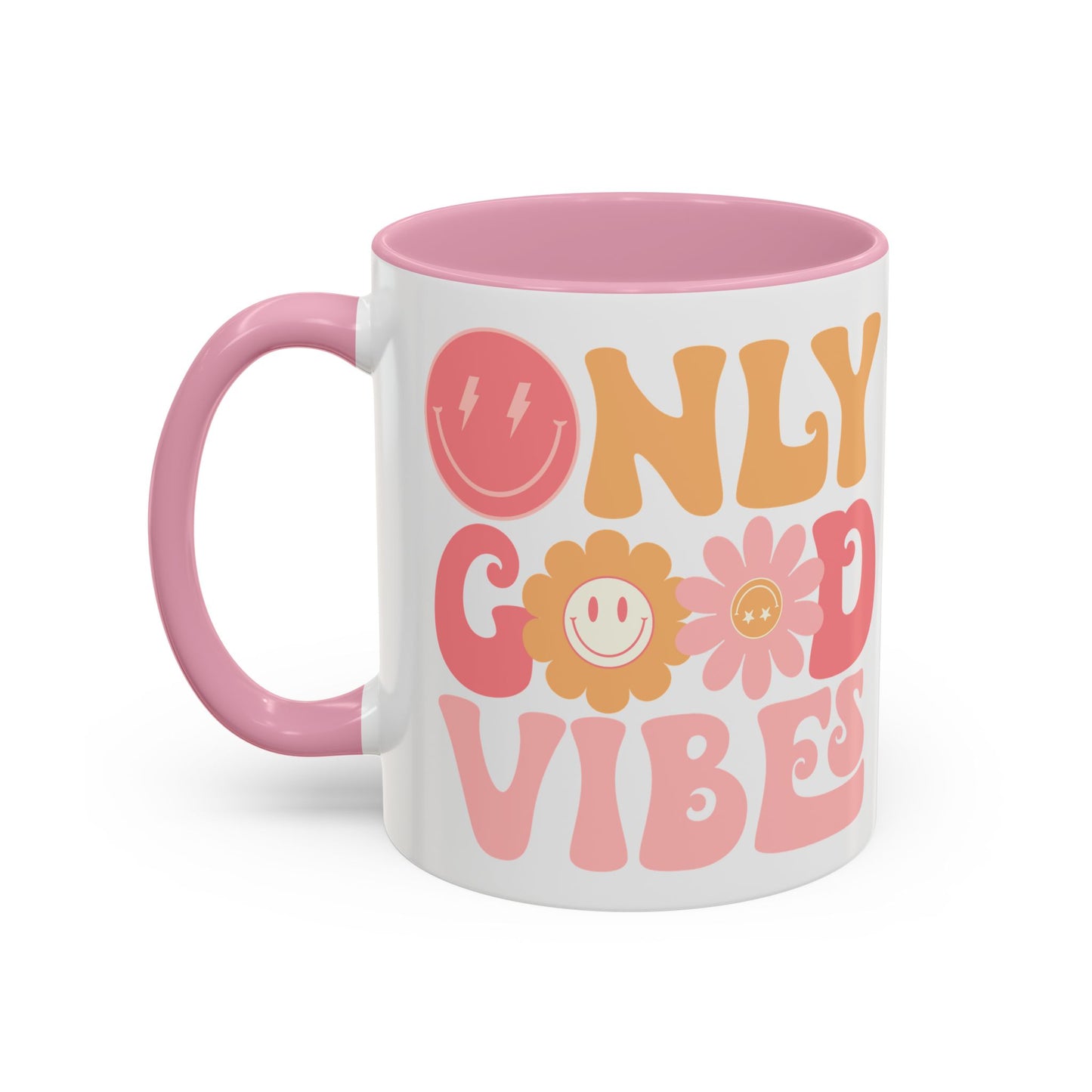 Only Good Vibes Accent Mug – Retro Bubble Letters & Flowers | 11oz 15oz Colored Handle