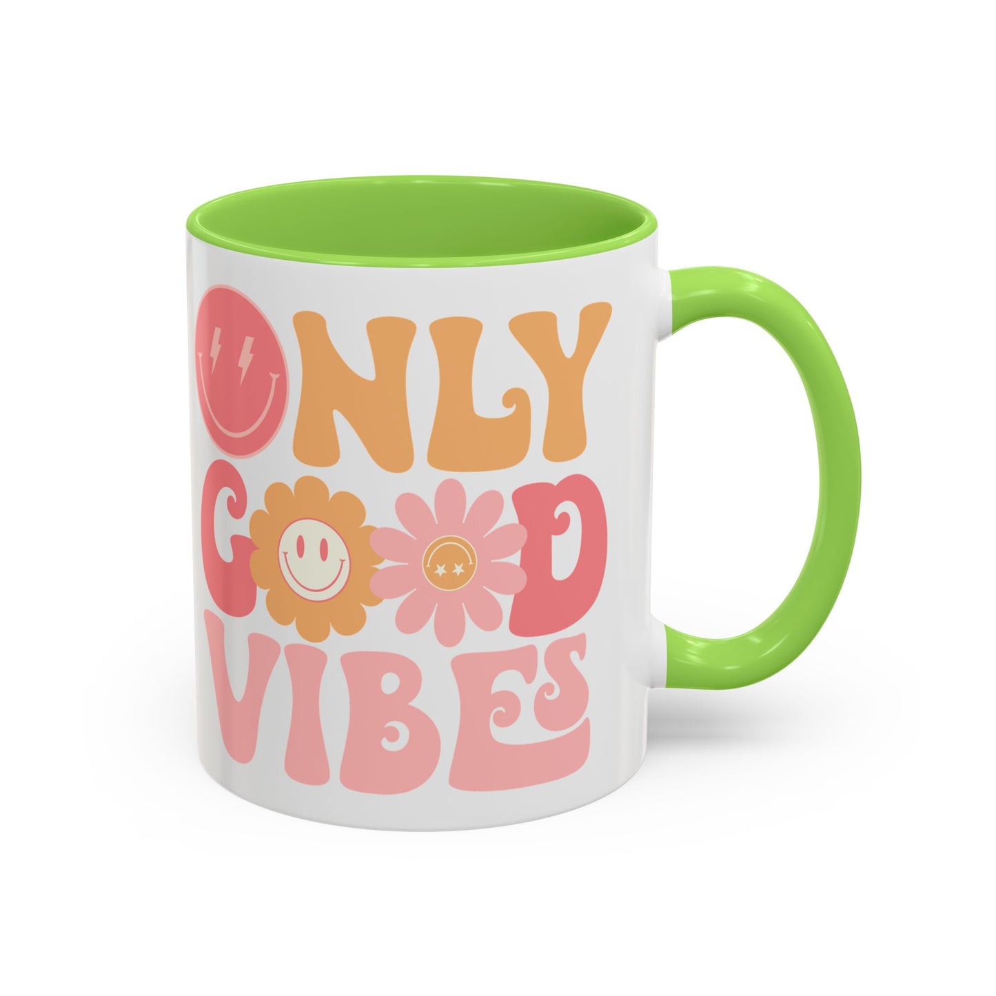 Only Good Vibes Accent Mug – Retro Bubble Letters & Flowers | 11oz 15oz Colored Handle