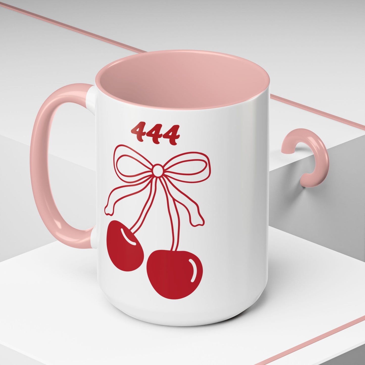 444 Angel Number Cherries Accent Mug – Coquette Bow Kawaii | 11oz 15oz — Navy, Light Blue, Orange, Purple, Yellow