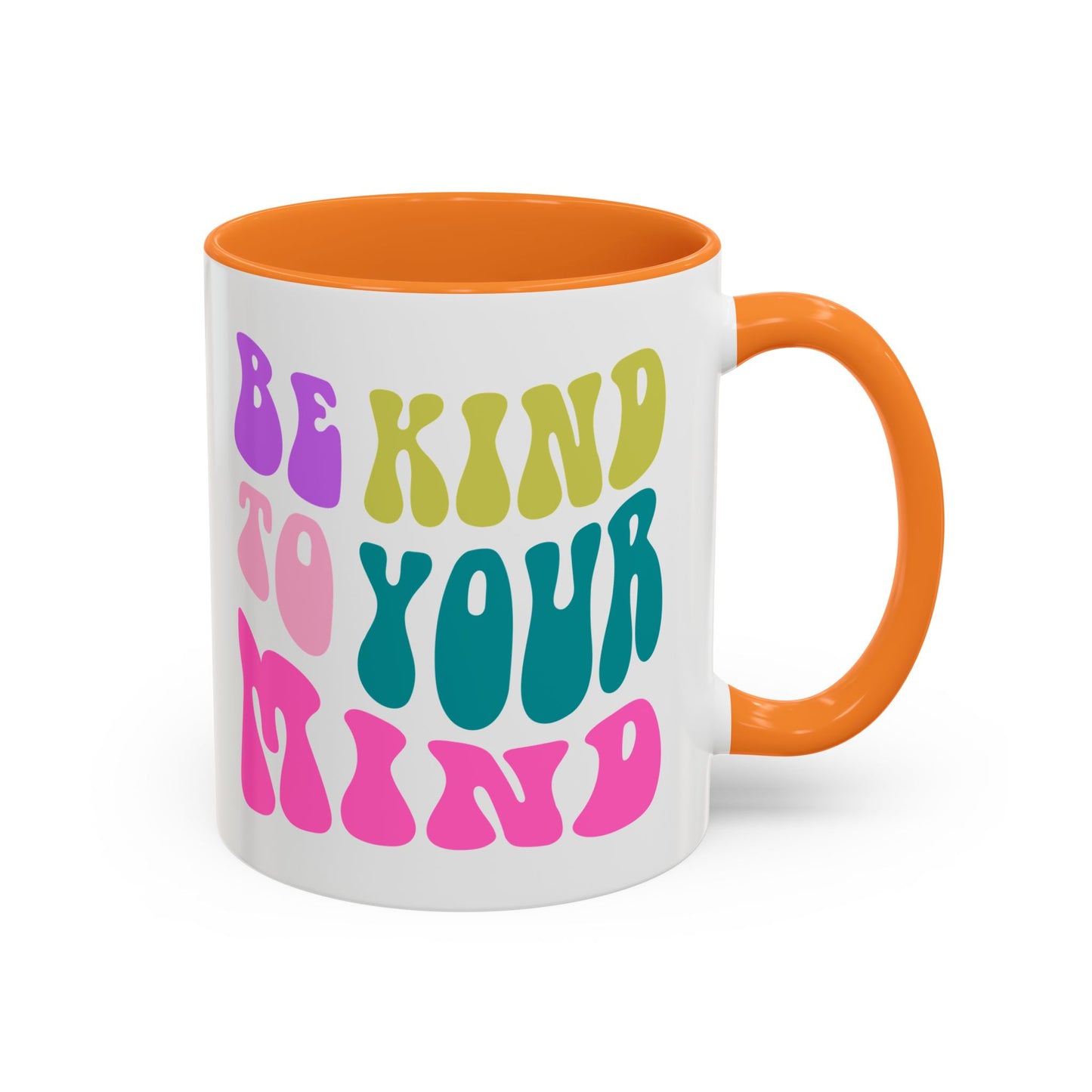 Be Kind To Your Mind Accent Mug – Retro Rainbow Letters | 11oz 15oz Colored Handle