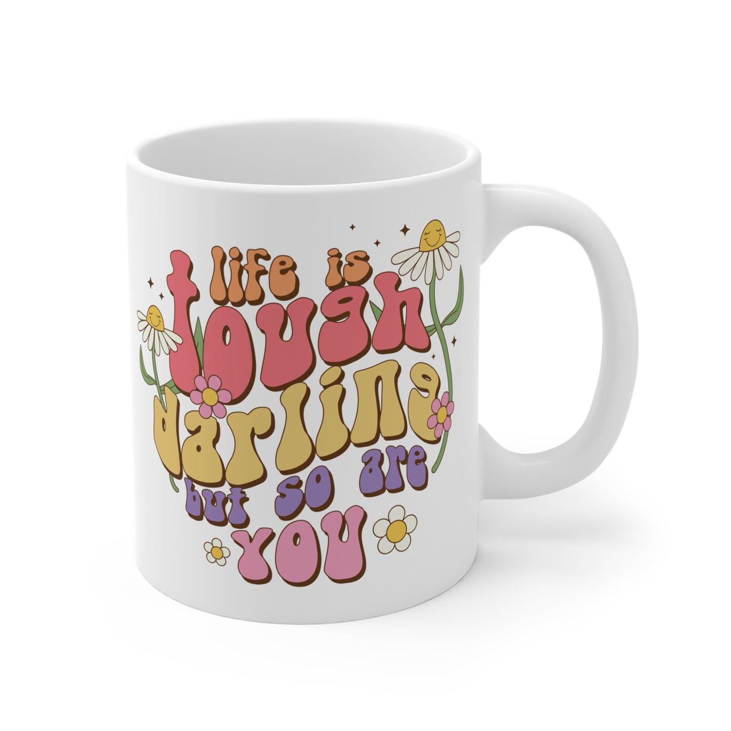 70s Groovy Life is Tough Darling Coffee Mug 20oz - Wavy Font, Multi-Color - Inspirational Resilience Gift, Vintage Style Drinkware