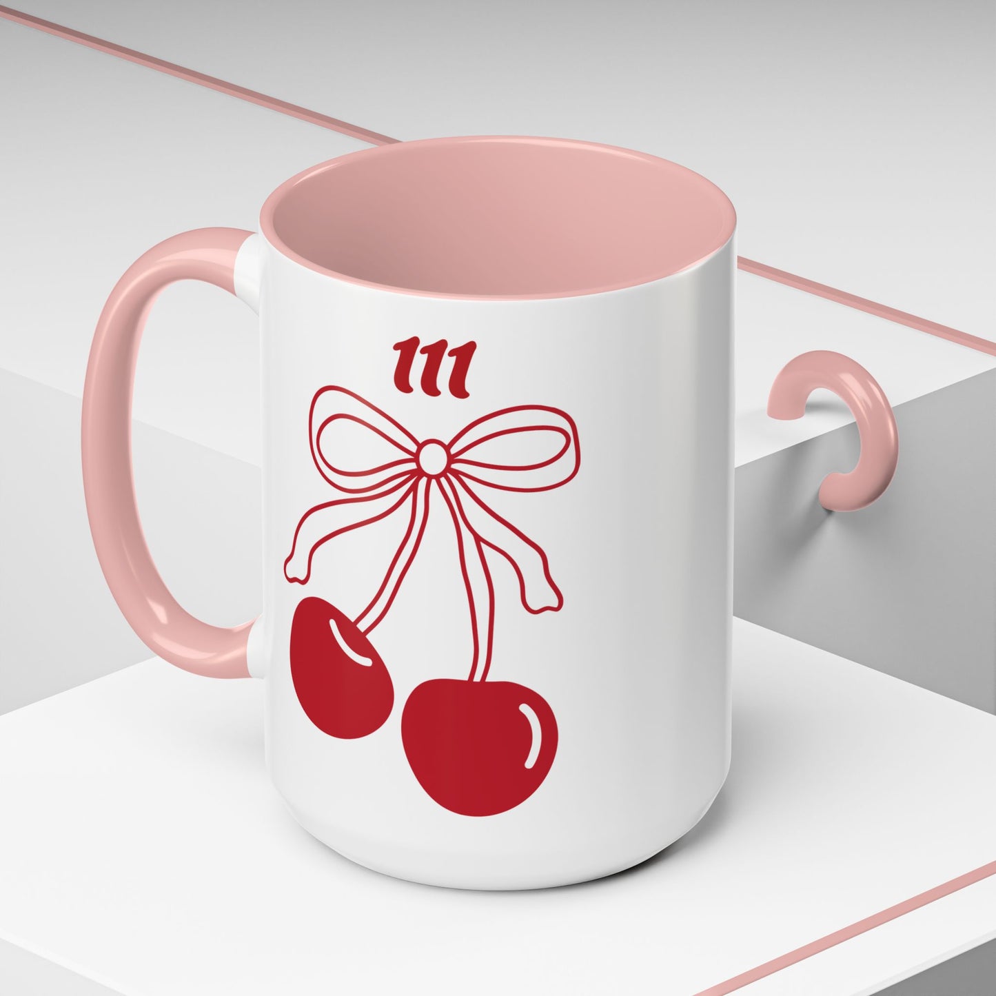 111 Angel Number Cherries Accent Mug – Coquette Bow Kawaii Coffee Mug Aesthetic | 11oz 15oz — Pink, Black, Purple, Yellow, Light Blue