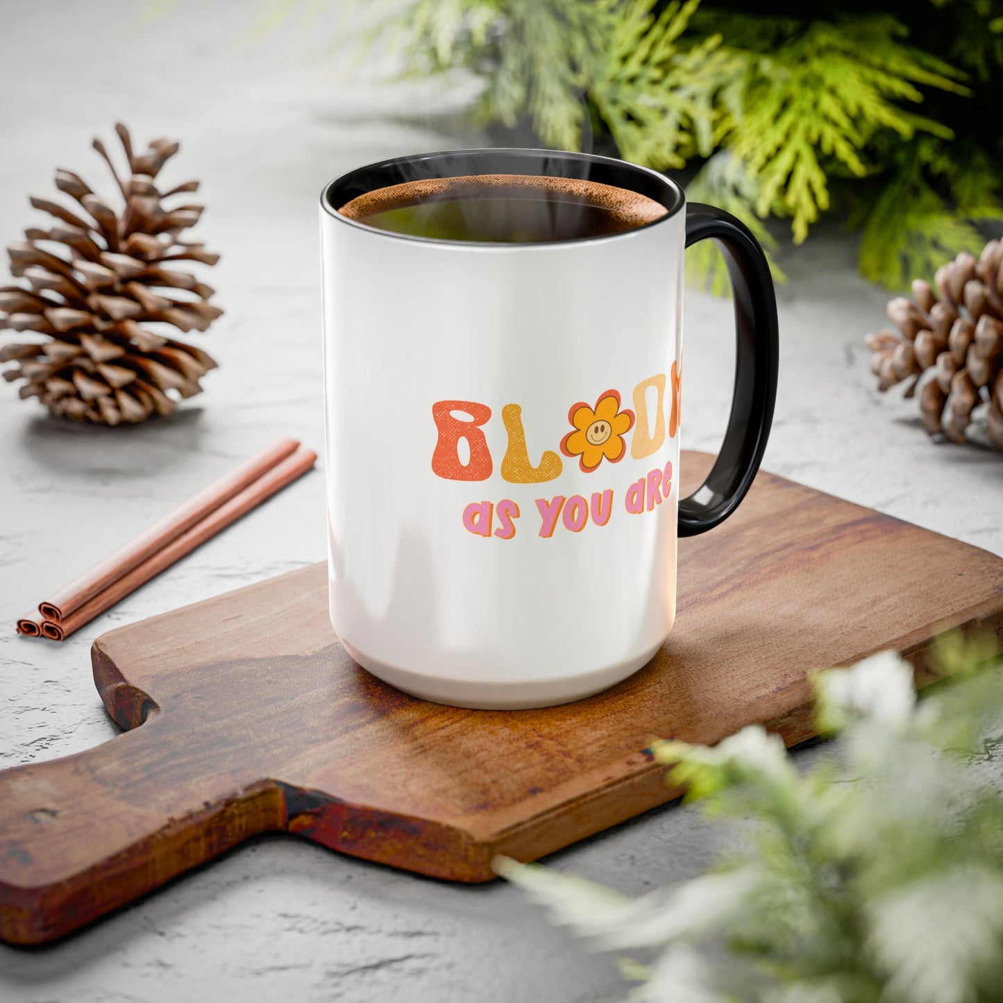 Bloom As You Are Accent Mug – Smiley Flower | 11oz 15oz Colored Handle