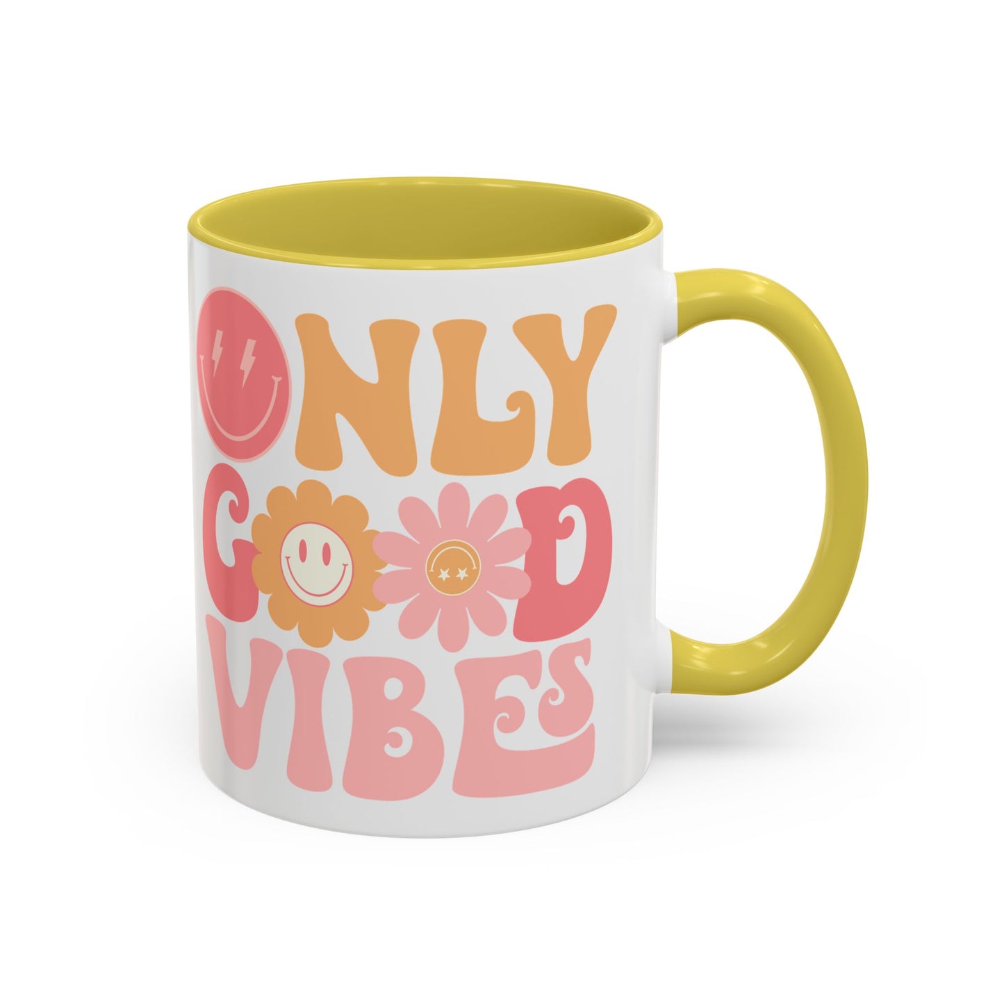 Only Good Vibes Accent Mug – Retro Bubble Letters & Flowers | 11oz 15oz Colored Handle