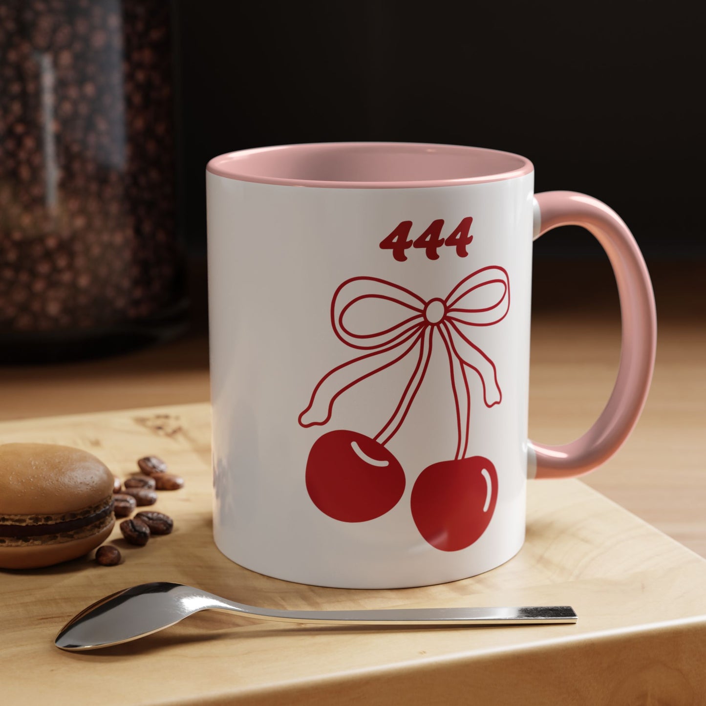 444 Angel Number Cherries Accent Mug – Coquette Bow Kawaii | 11oz 15oz — Navy, Light Blue, Orange, Purple, Yellow