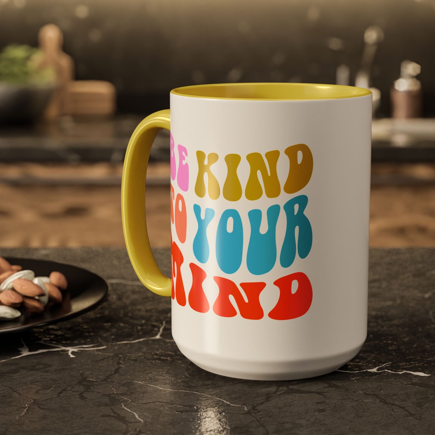 Be Kind To Your Mind Accent Mug – Retro Rainbow Letters | 11oz 15oz Multiple colors