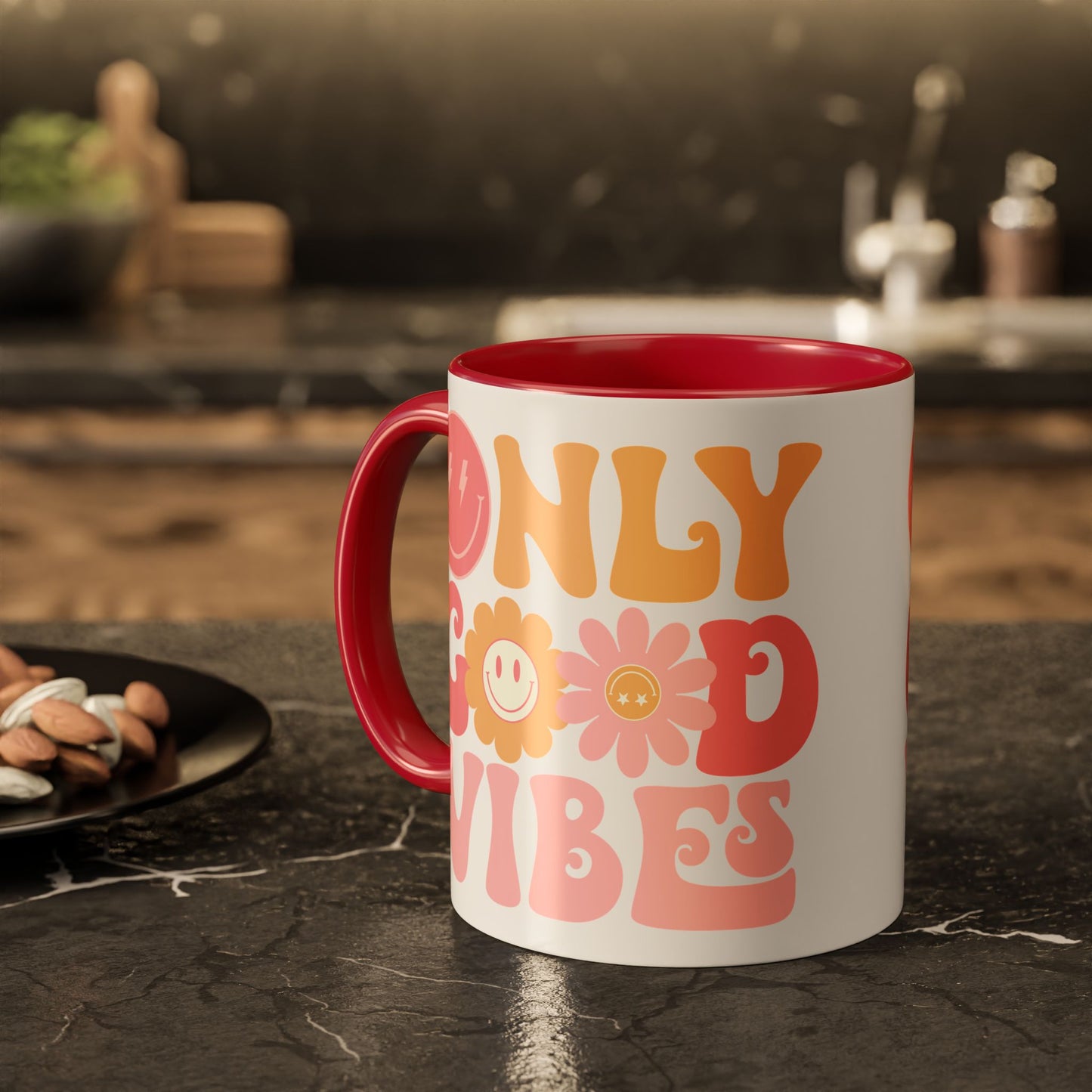 Only Good Vibes Accent Mug – Retro Bubble Letters & Flowers | 11oz 15oz Colored Handle