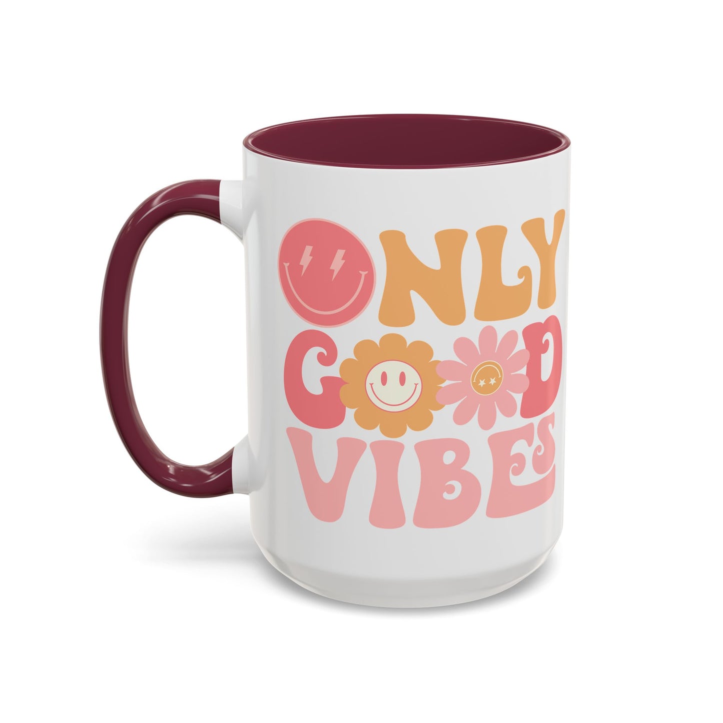 Only Good Vibes Accent Mug – Retro Bubble Letters & Flowers | 11oz 15oz Colored Handle