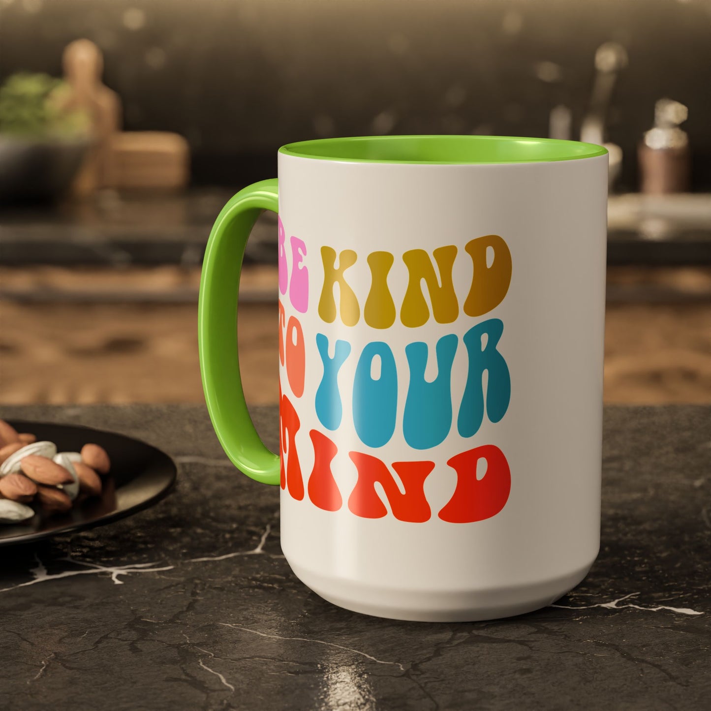 Be Kind To Your Mind Accent Mug – Retro Rainbow Letters | 11oz 15oz Multiple colors