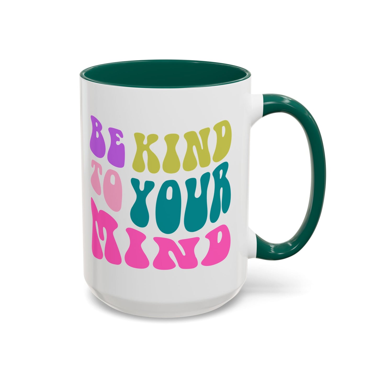 Be Kind To Your Mind Accent Mug – Retro Rainbow Letters | 11oz 15oz Colored Handle
