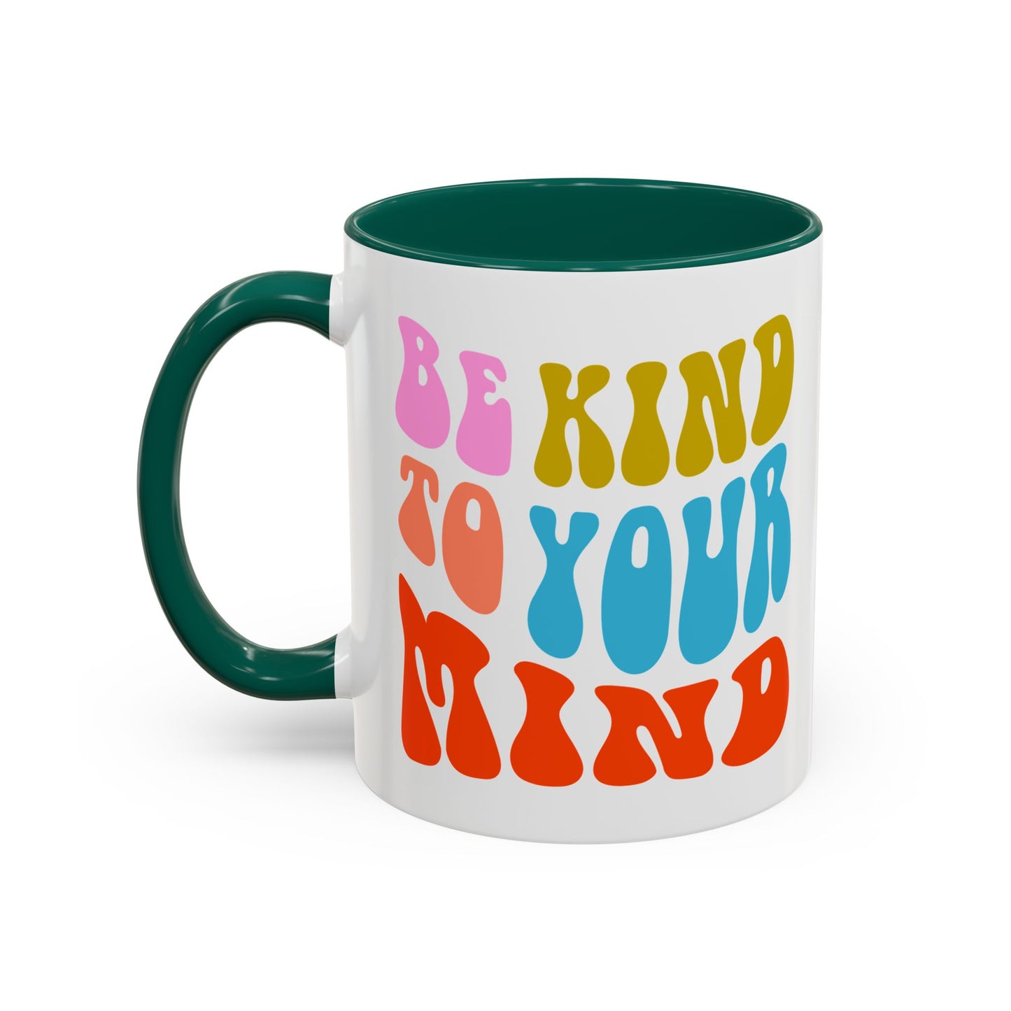 Be Kind To Your Mind Accent Mug – Retro Rainbow Letters | 11oz 15oz Multiple colors