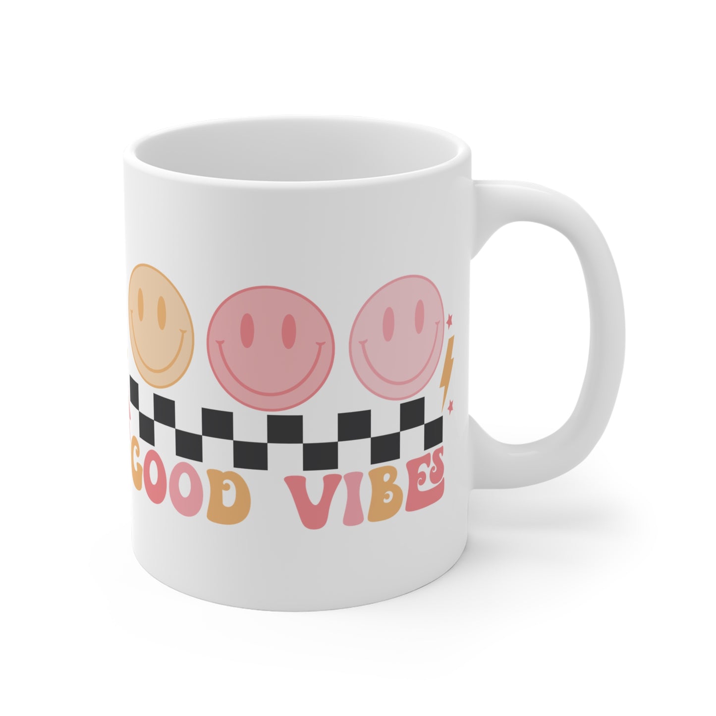 Good Vibes Psychedelic Coffee Mug 20oz - Pink Typography, Black-White Checkered with Smiling Faces - Retro Love, Radiate Positivity