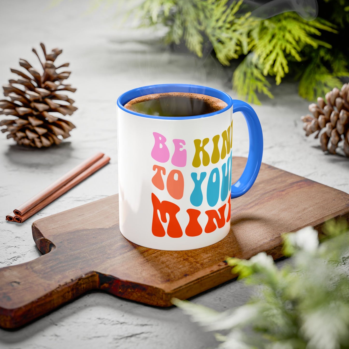 Be Kind To Your Mind Accent Mug – Retro Rainbow Letters | 11oz 15oz Multiple colors