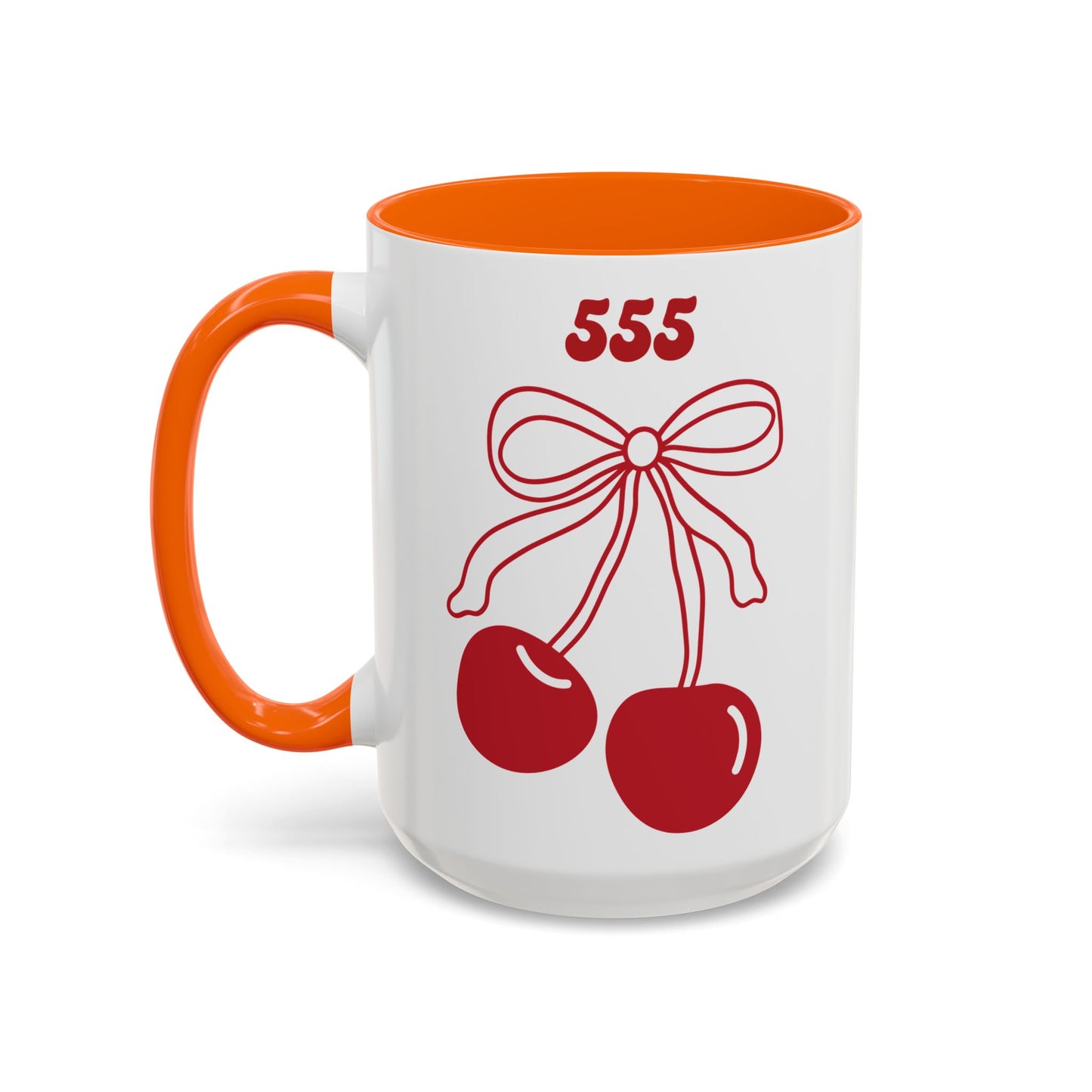 555 Angel Number Cherries Accent Mug – Coquette Bow Kawaii | 11oz 15oz — Pink, Red, Navy, Light Blue, Orange, Purple, Yellow