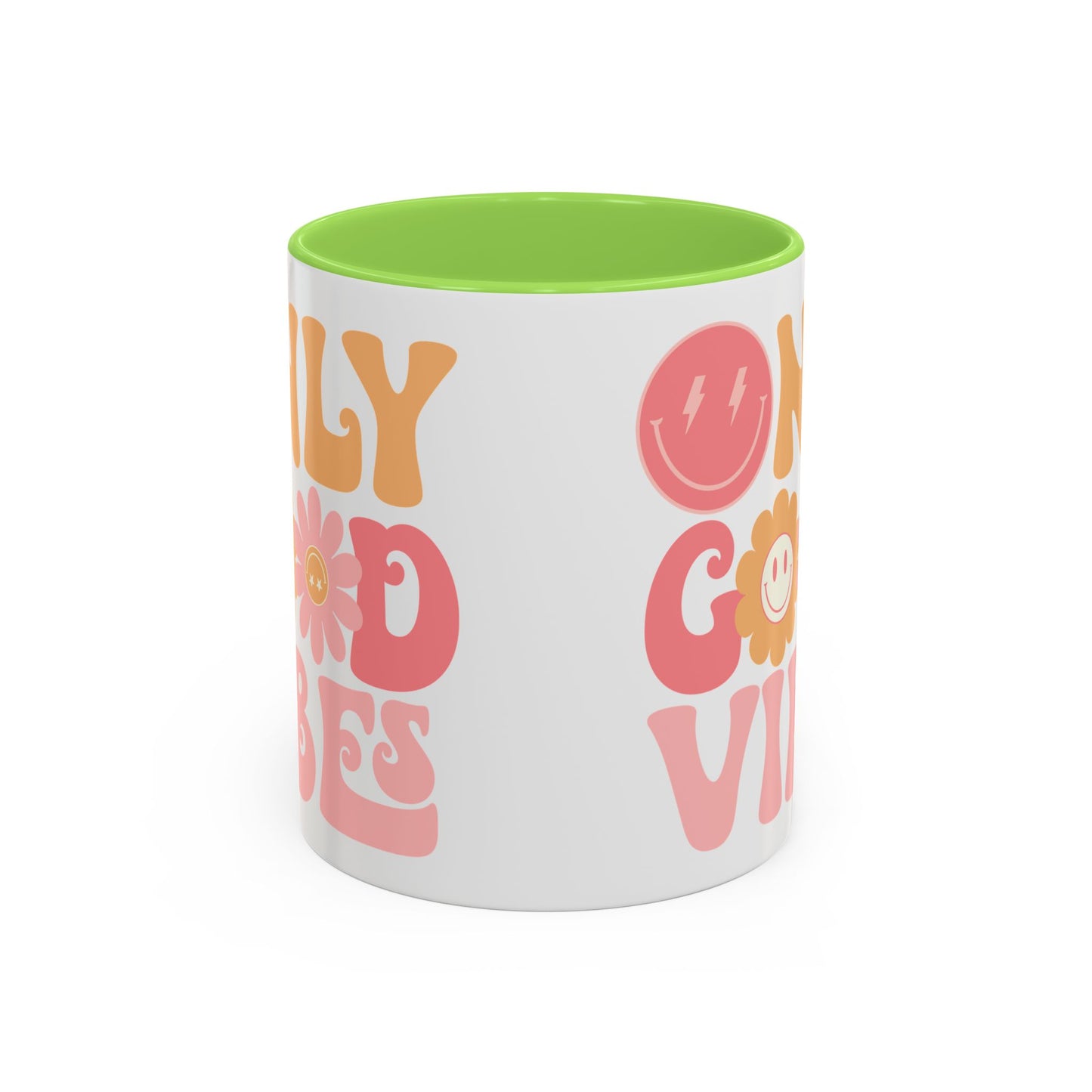Only Good Vibes Accent Mug – Retro Bubble Letters & Flowers | 11oz 15oz Colored Handle