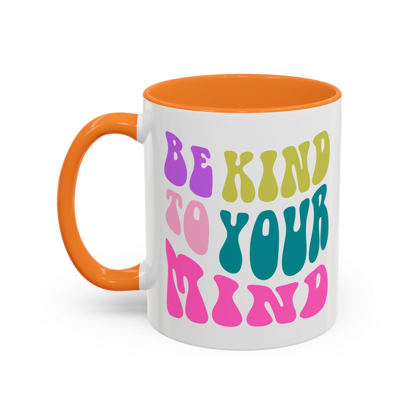Be Kind To Your Mind Accent Mug – Retro Rainbow Letters | 11oz 15oz Colored Handle