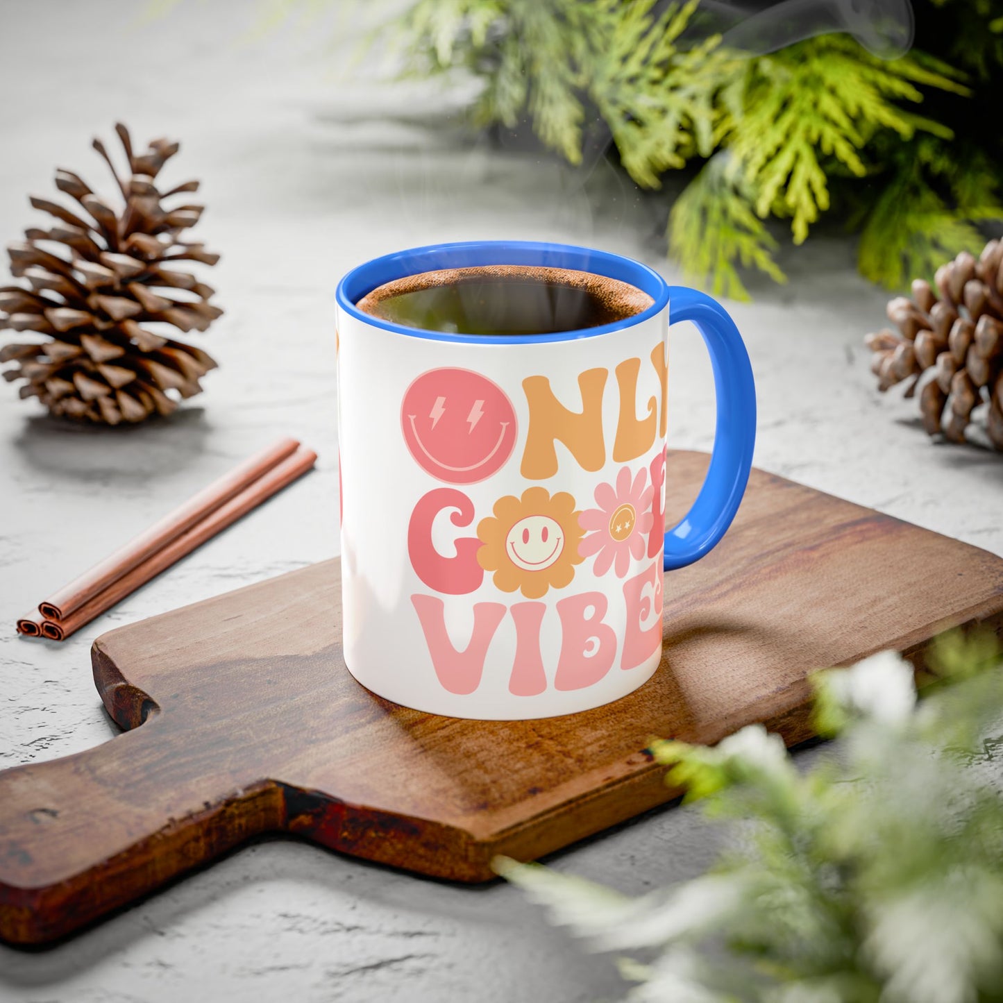 Only Good Vibes Accent Mug – Retro Bubble Letters & Flowers | 11oz 15oz Colored Handle
