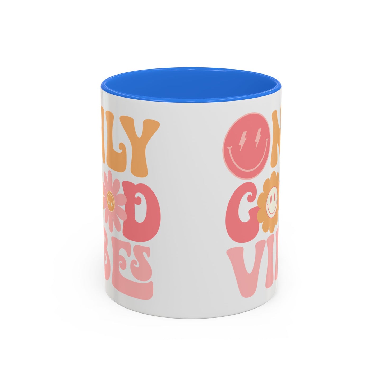 Only Good Vibes Accent Mug – Retro Bubble Letters & Flowers | 11oz 15oz Colored Handle