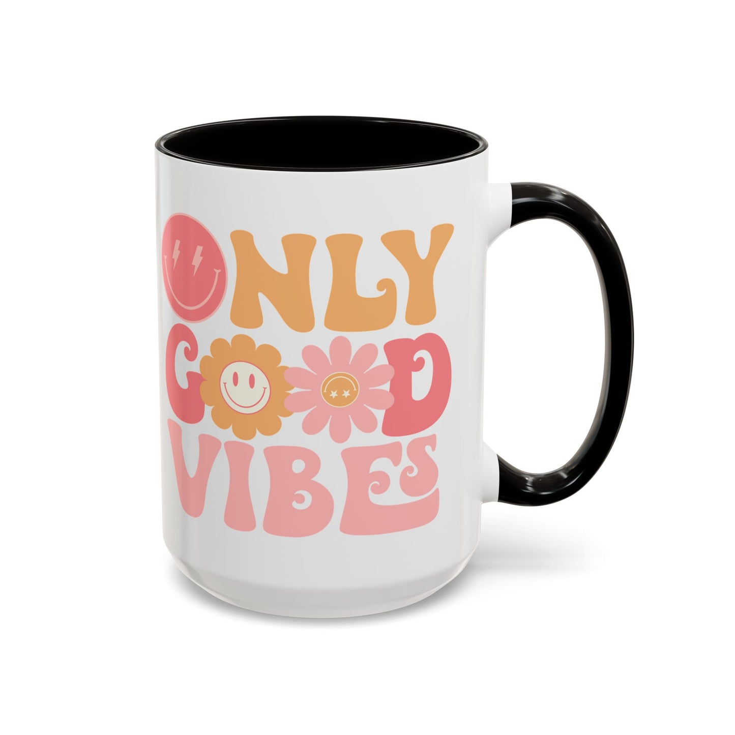 Only Good Vibes Accent Mug – Retro Bubble Letters & Flowers | 11oz 15oz Colored Handle
