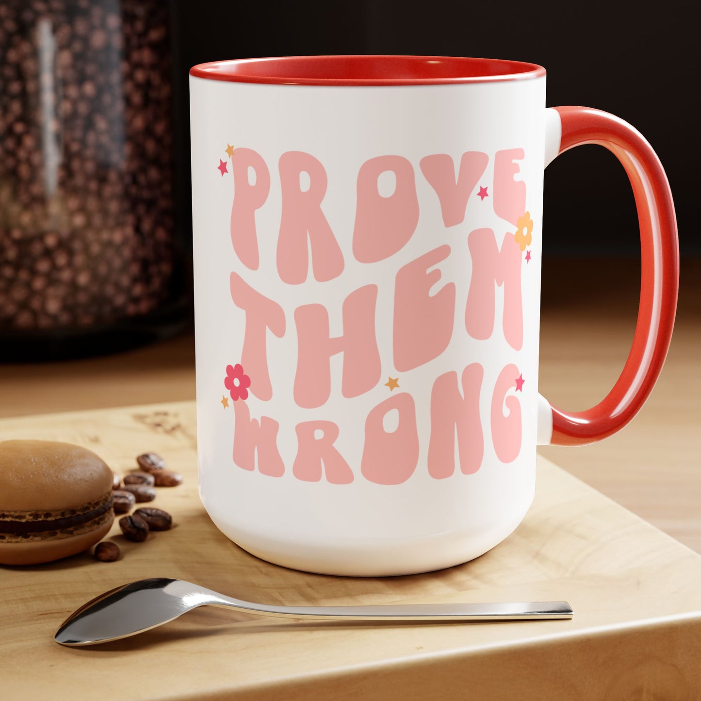 Prove Them Wrong Coffee Mug 15oz - Light Pink, 70s Themed Ceramic Cup, Groovy Font, Inspirational Motivation - Retro Nostalgia Gift