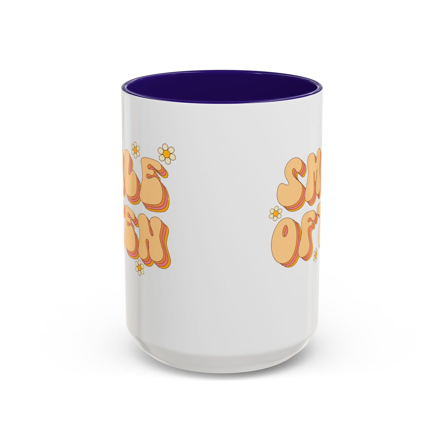 Smile Often Accent Mug – Retro Daisy Letters | 11oz 15oz colored Handle