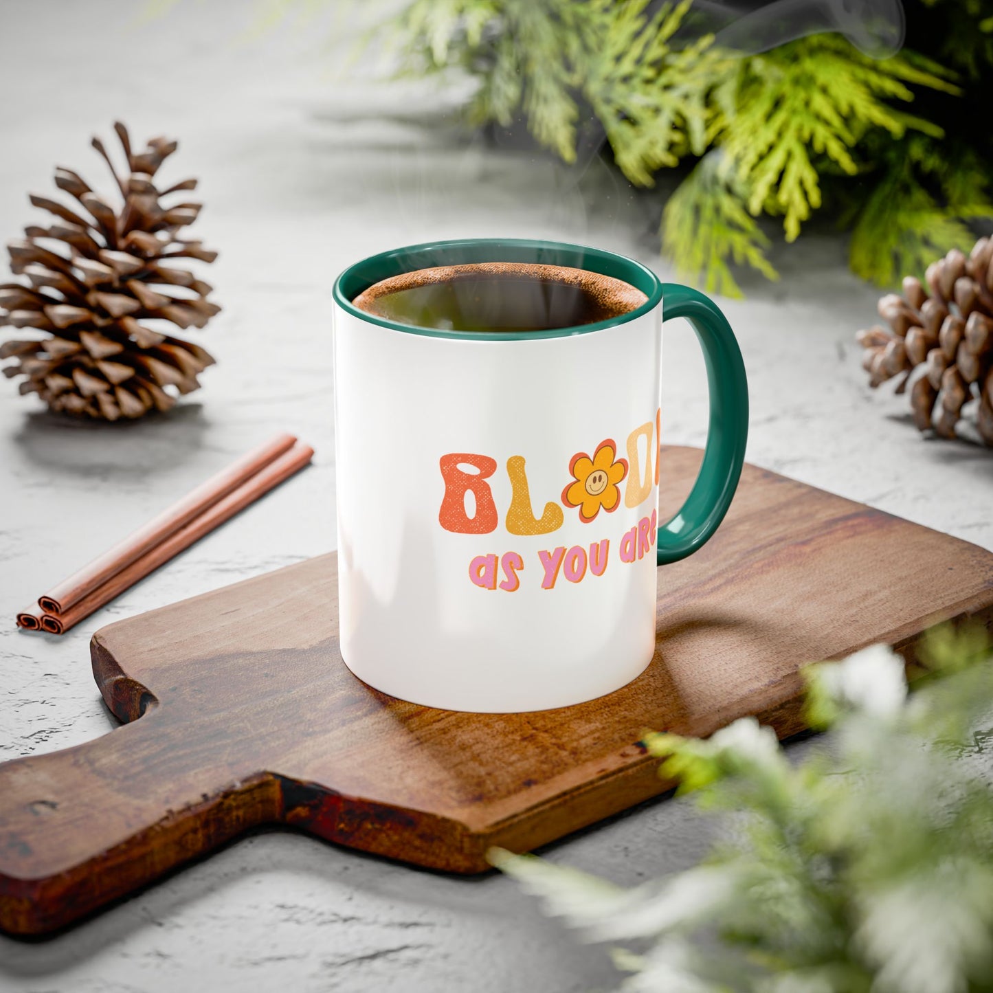 Bloom As You Are Accent Mug – Smiley Flower | 11oz 15oz Colored Handle
