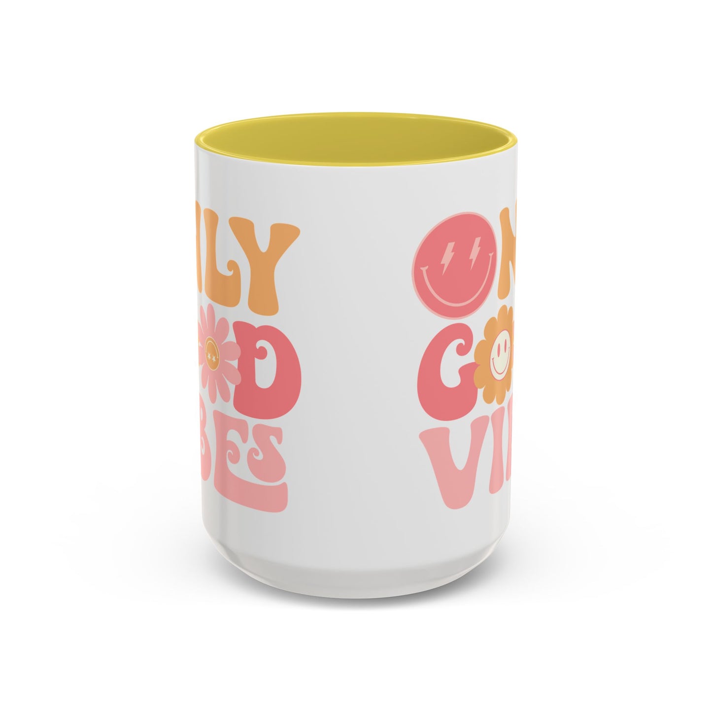 Only Good Vibes Accent Mug – Retro Bubble Letters & Flowers | 11oz 15oz Colored Handle