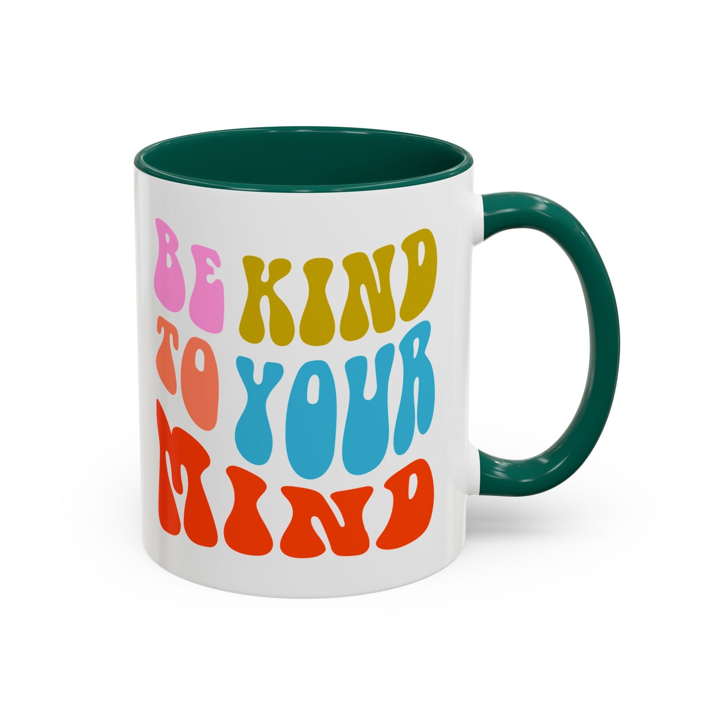 Be Kind To Your Mind Accent Mug – Retro Rainbow Letters | 11oz 15oz Multiple colors