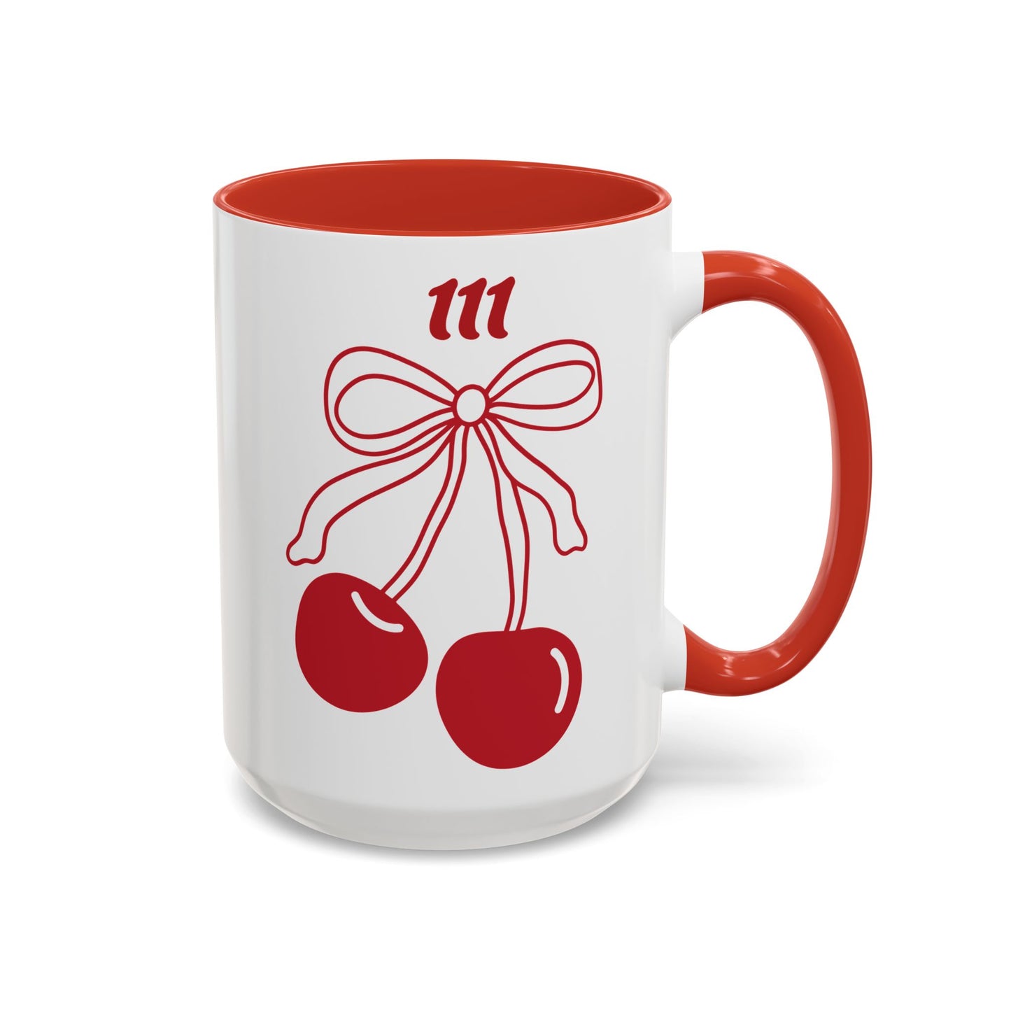 111 Angel Number Cherries Accent Mug – Coquette Bow Kawaii Coffee Mug Aesthetic | 11oz 15oz — Pink, Black, Purple, Yellow, Light Blue