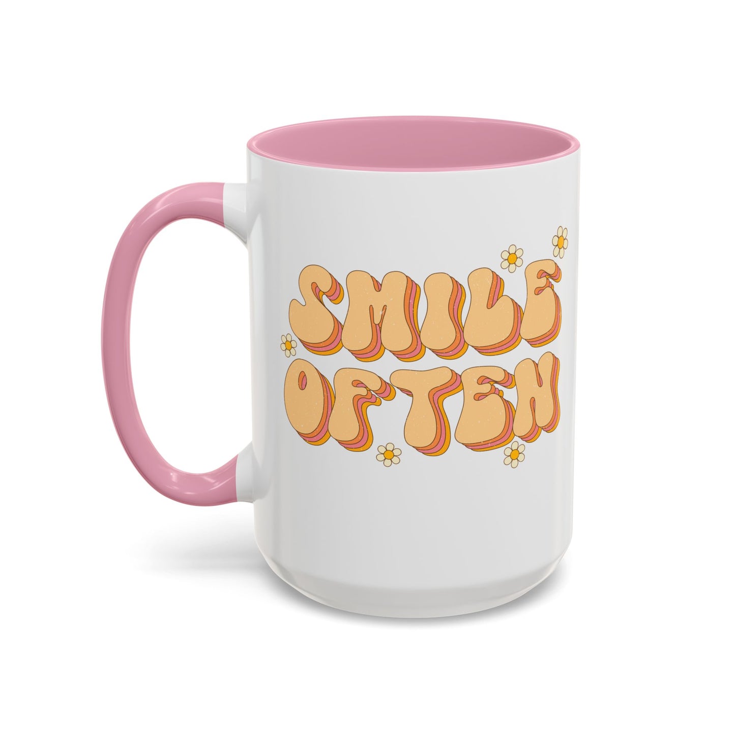 Smile Often Accent Mug – Retro Daisy Letters | 11oz 15oz colored Handle