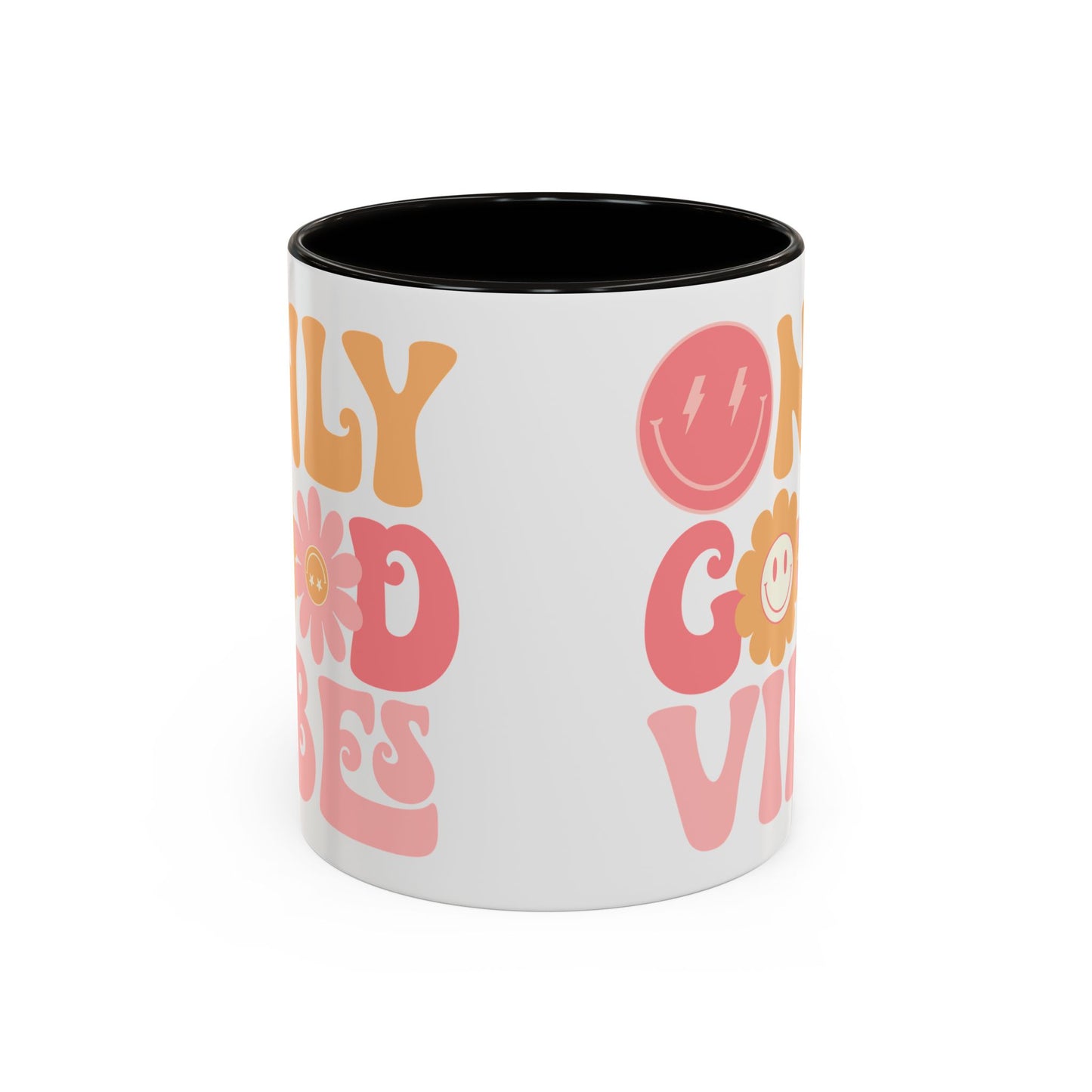 Only Good Vibes Accent Mug – Retro Bubble Letters & Flowers | 11oz 15oz Colored Handle