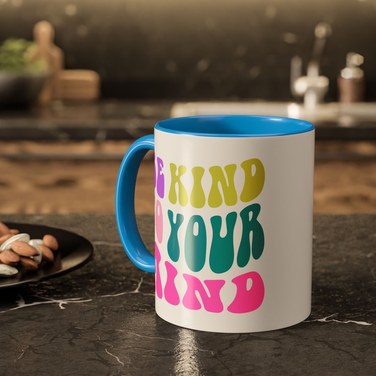 Be Kind To Your Mind Accent Mug – Retro Rainbow Letters | 11oz 15oz Colored Handle