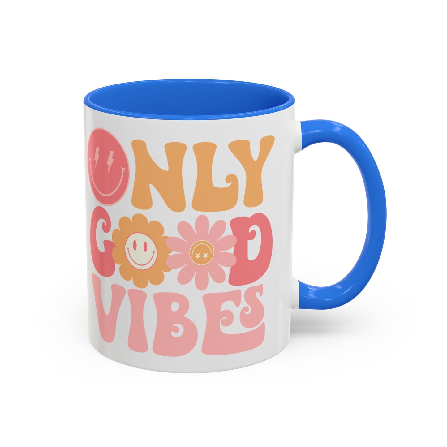 Only Good Vibes Accent Mug – Retro Bubble Letters & Flowers | 11oz 15oz Colored Handle