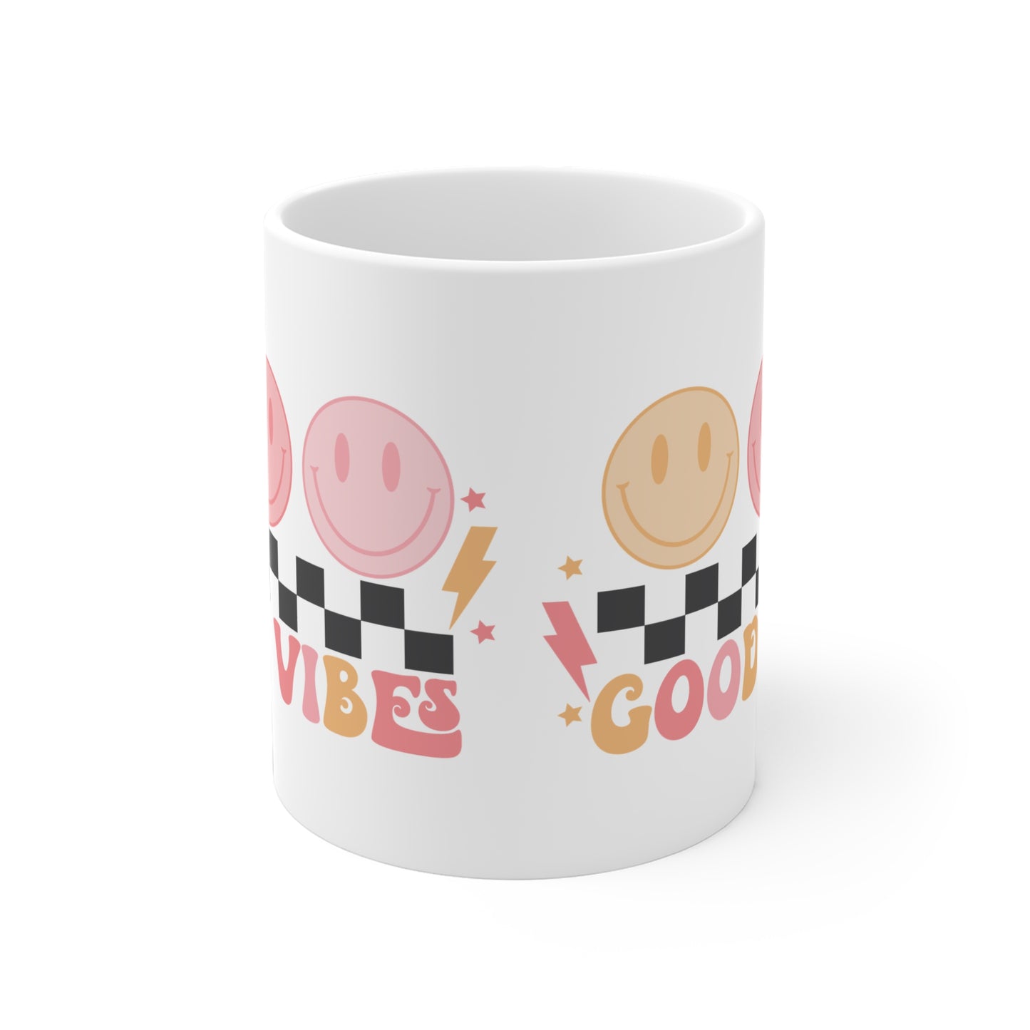 Good Vibes Psychedelic Coffee Mug 20oz - Pink Typography, Black-White Checkered with Smiling Faces - Retro Love, Radiate Positivity