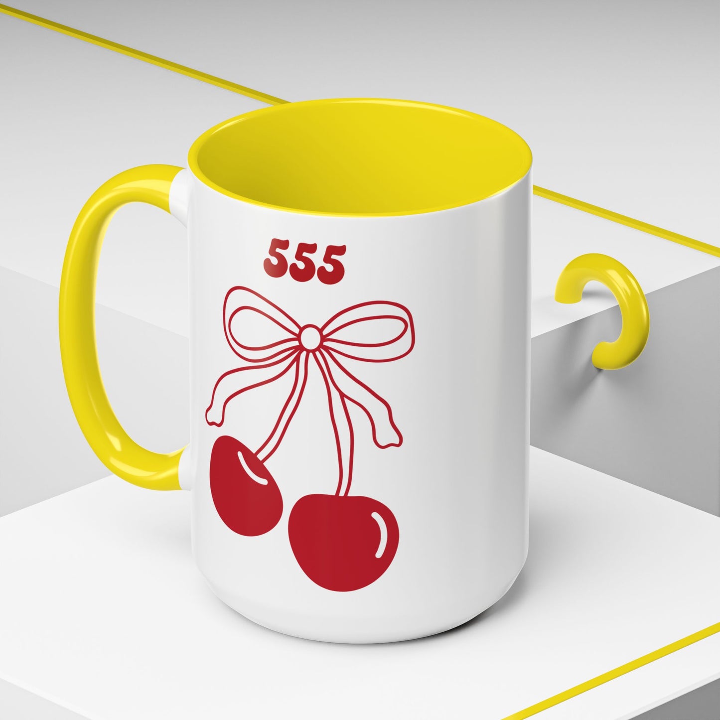 555 Angel Number Cherries Accent Mug – Coquette Bow Kawaii | 11oz 15oz — Pink, Red, Navy, Light Blue, Orange, Purple, Yellow