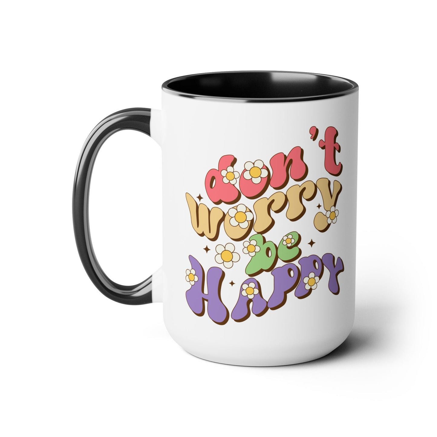 Groovy 70s Don't Worry Be Happy Coffee Mug 15oz - Retro Multicolor Wavy Font - Optimistic Message Cup - Joyful Gift, High Vibe Kitchenware