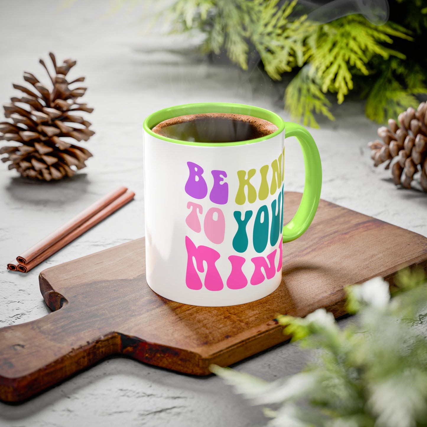 Be Kind To Your Mind Accent Mug – Retro Rainbow Letters | 11oz 15oz Colored Handle