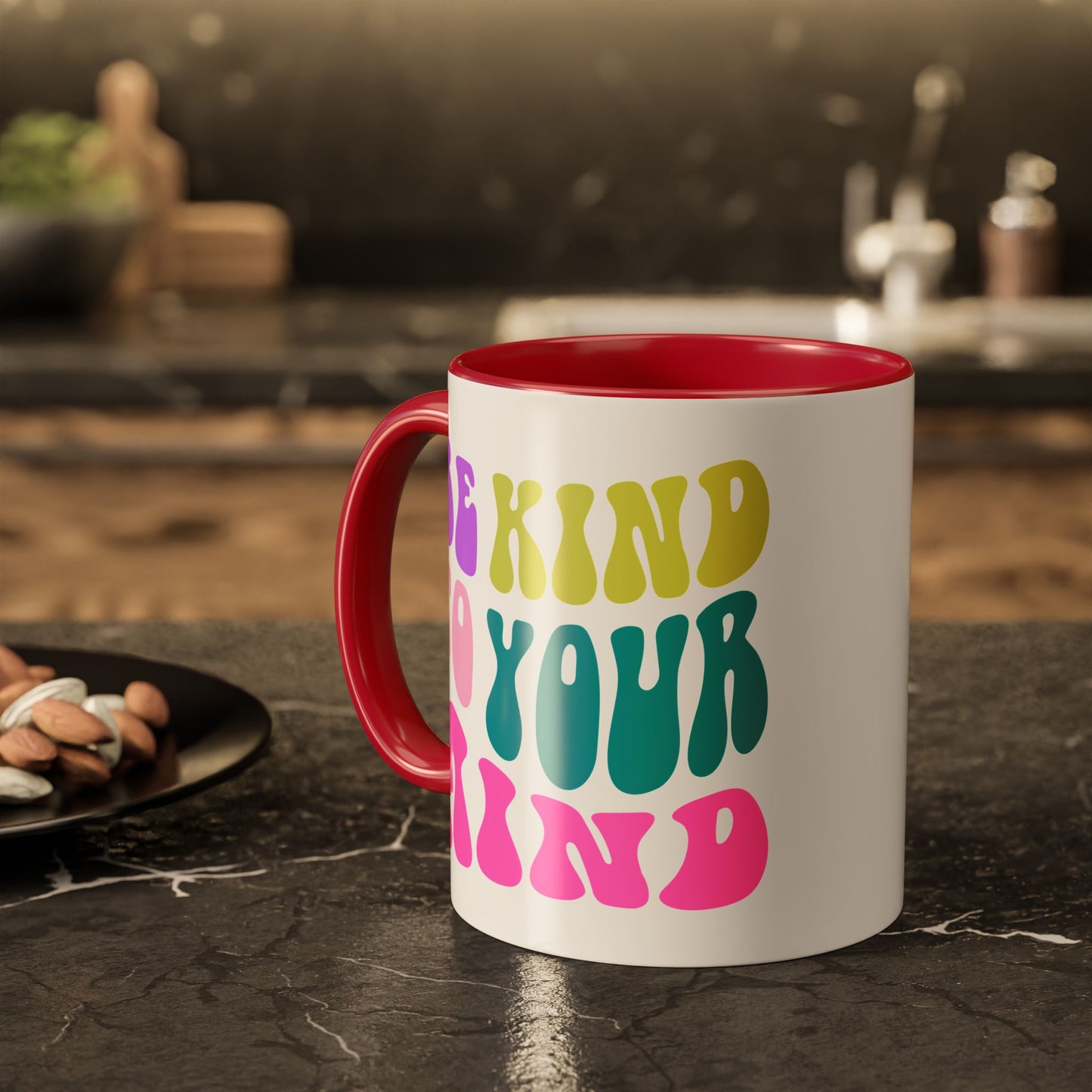 Be Kind To Your Mind Accent Mug – Retro Rainbow Letters | 11oz 15oz Colored Handle