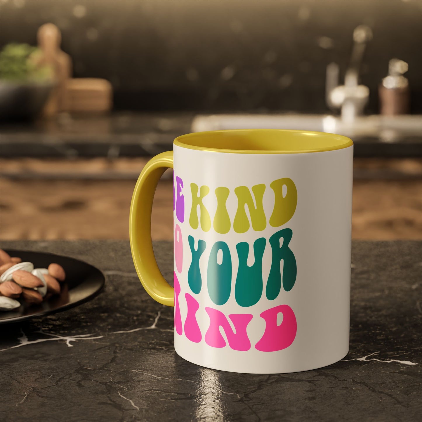 Be Kind To Your Mind Accent Mug – Retro Rainbow Letters | 11oz 15oz Colored Handle