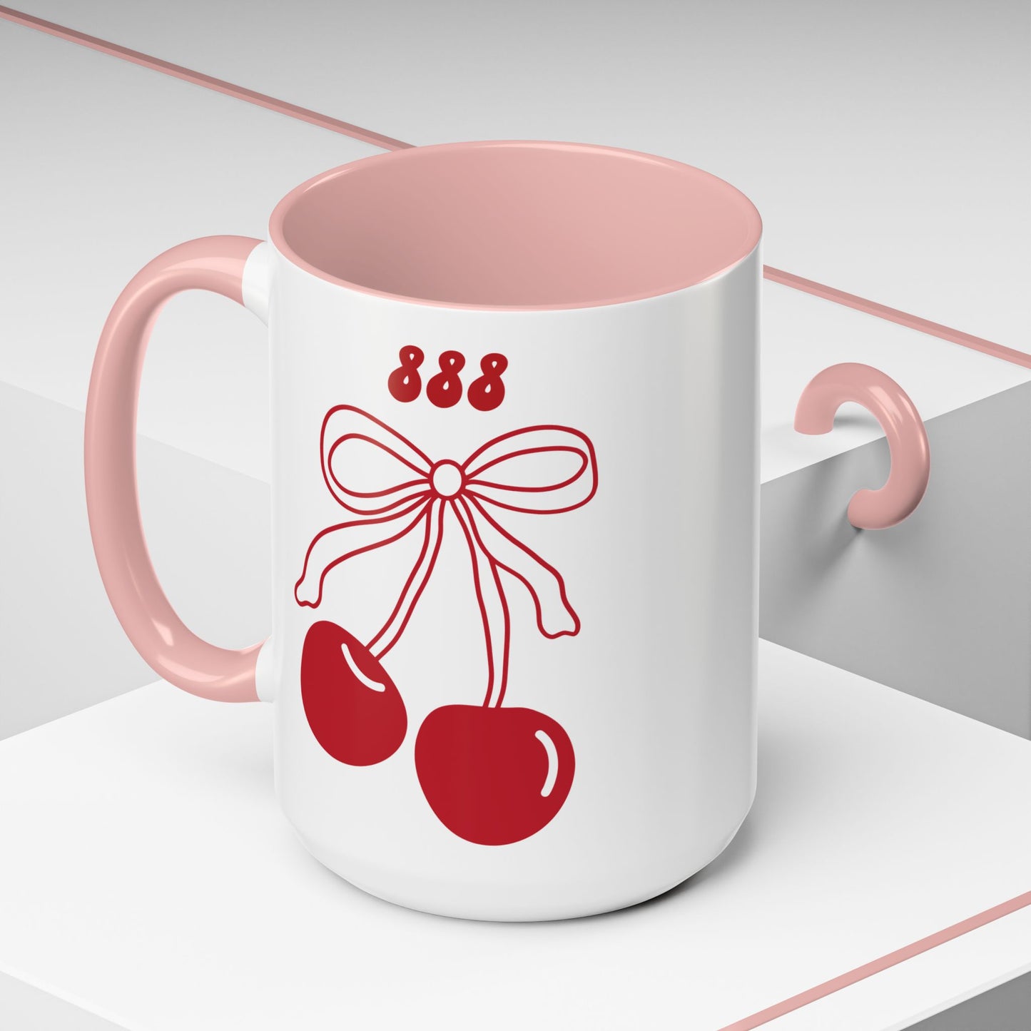 888 Angel Number Cherries Accent Mug – Coquette Bow Kawaii | 11oz 15oz — Purple, Yellow, Navy, Pink, Red, Light Blue, Orange