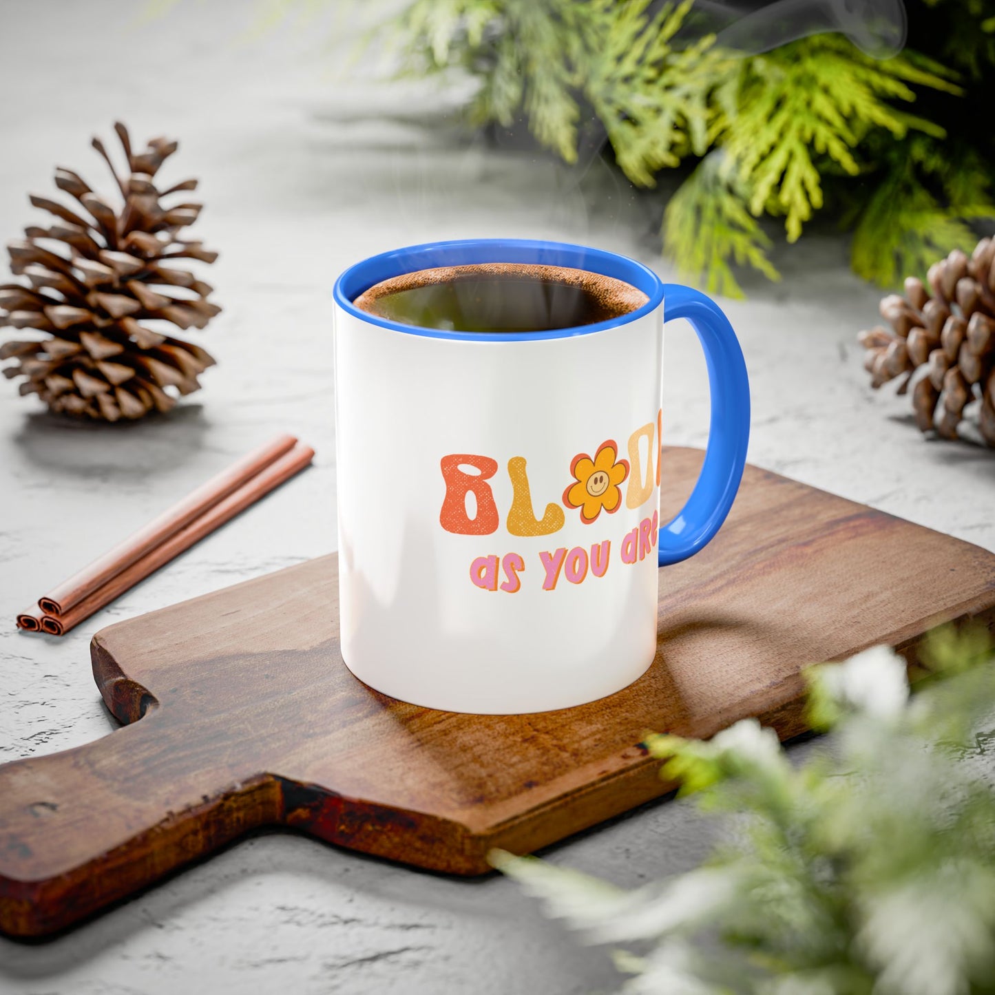 Bloom As You Are Accent Mug – Smiley Flower | 11oz 15oz Colored Handle