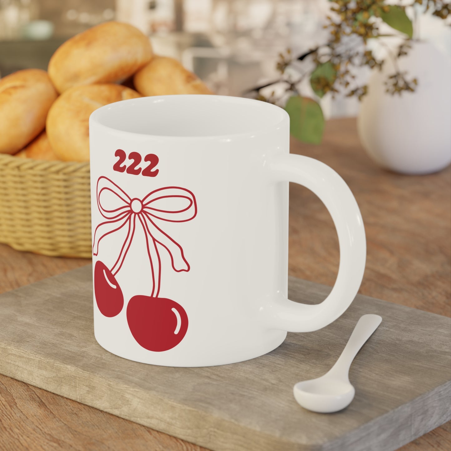 222 Angel Number Cherries Coffee Mug – Coquette Bow Minimal | Kawaii Coffee Mug | 11oz 15oz 20oz White Ceramic