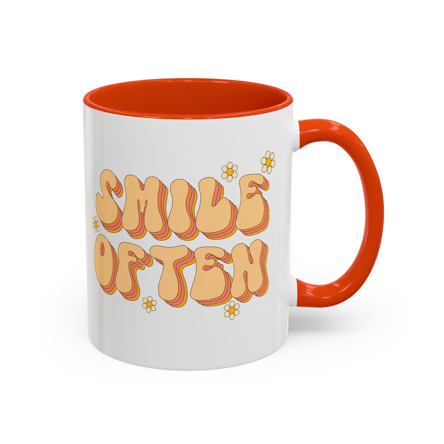 Smile Often Accent Mug – Retro Daisy Letters | 11oz 15oz colored Handle