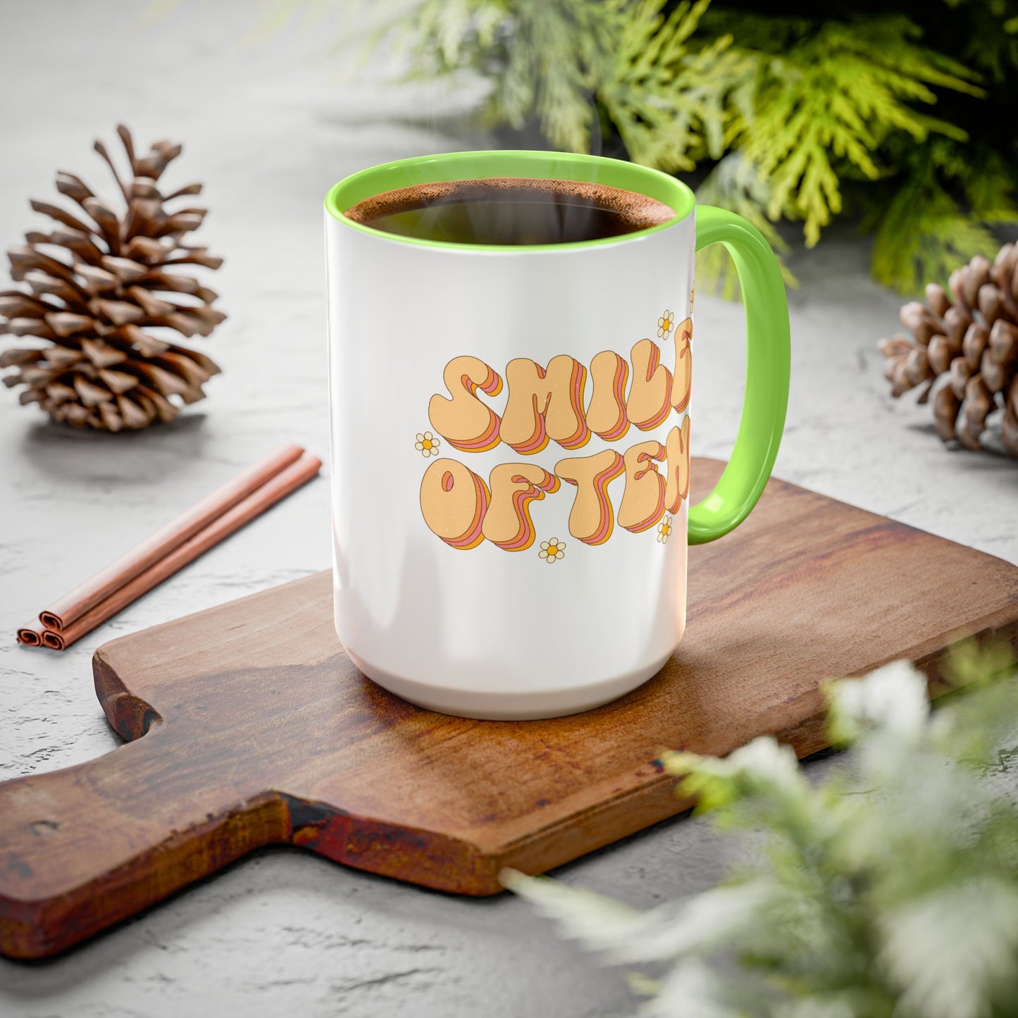 Smile Often Accent Mug – Retro Daisy Letters | 11oz 15oz colored Handle