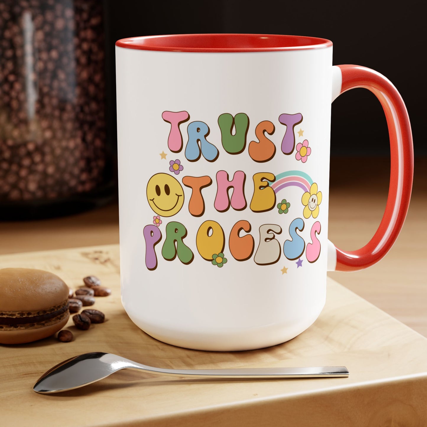 70s Retro Trust the Process Coffee Mug 15oz - Funky Multi-Color Ceramic Cup - Inspirational Motivation Drinkware - Gift for Goal Setters