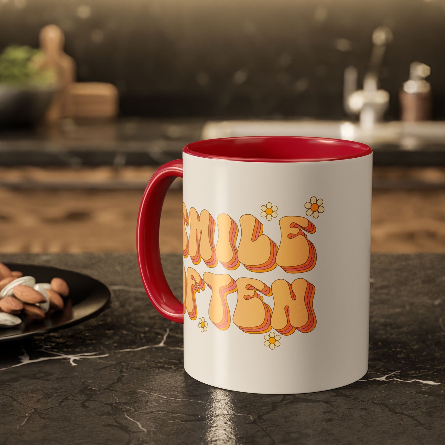 Smile Often Accent Mug – Retro Daisy Letters | 11oz 15oz colored Handle