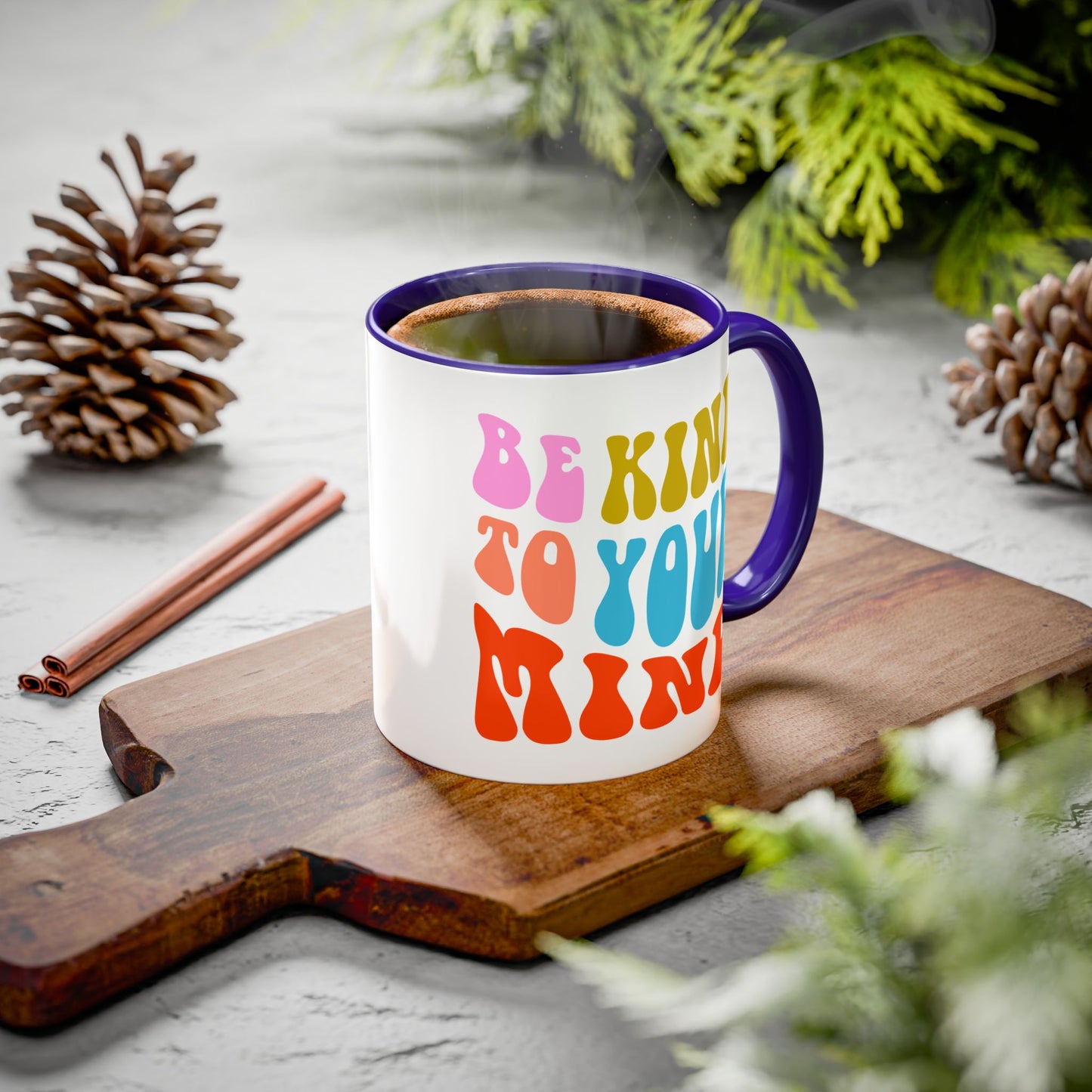 Be Kind To Your Mind Accent Mug – Retro Rainbow Letters | 11oz 15oz Multiple colors
