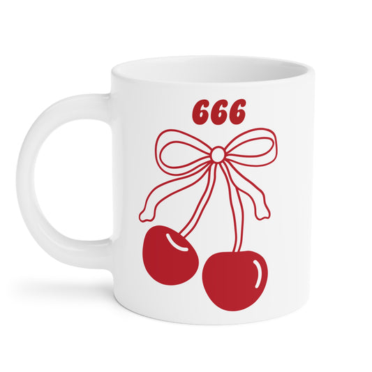 666 Angel Number Cherries Coffee Mug – Coquette Bow Kawaii | 11oz 15oz 20oz White Ceramic